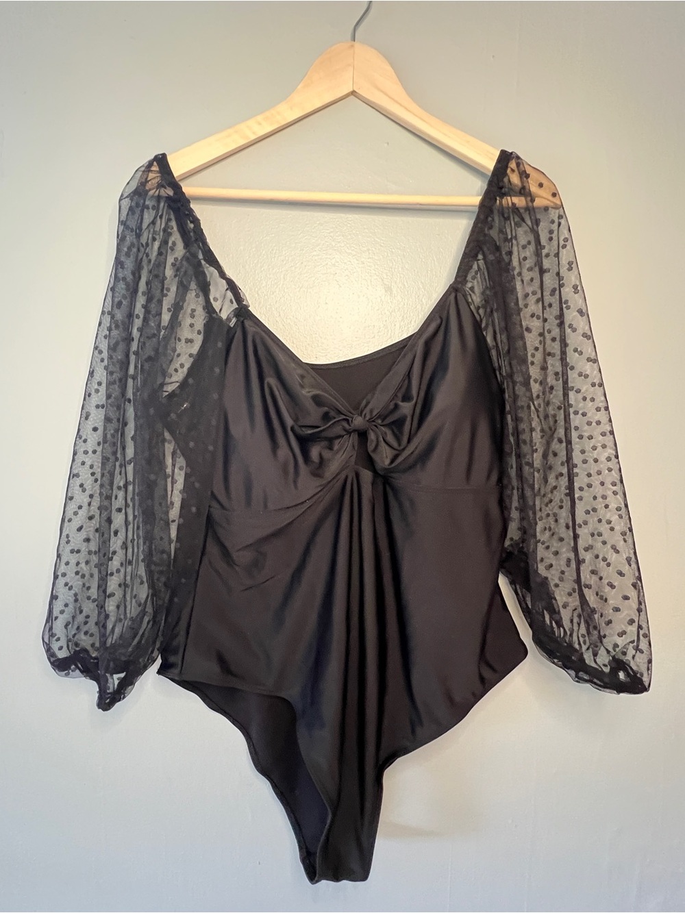 Sexy Black Sheer Polka Dot Mesh Sleeve Bodysuit